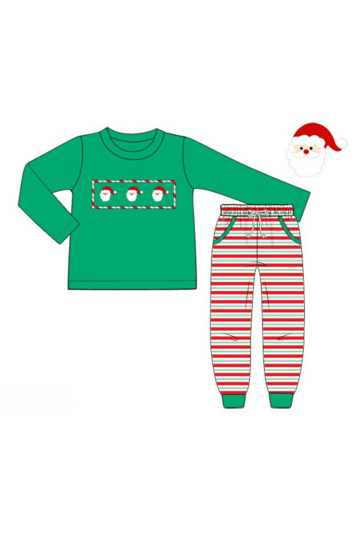 The Smocked Flamingo Apparel & Accessories Pre-Order Smocked Santa Green and Red Stipe Jogger Set