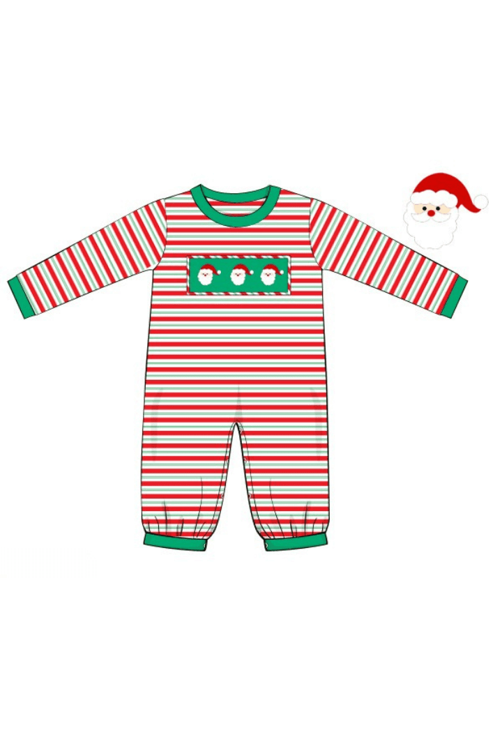 The Smocked Flamingo Apparel & Accessories Pre-Order Smocked Santa Green and Red Stipe Romper