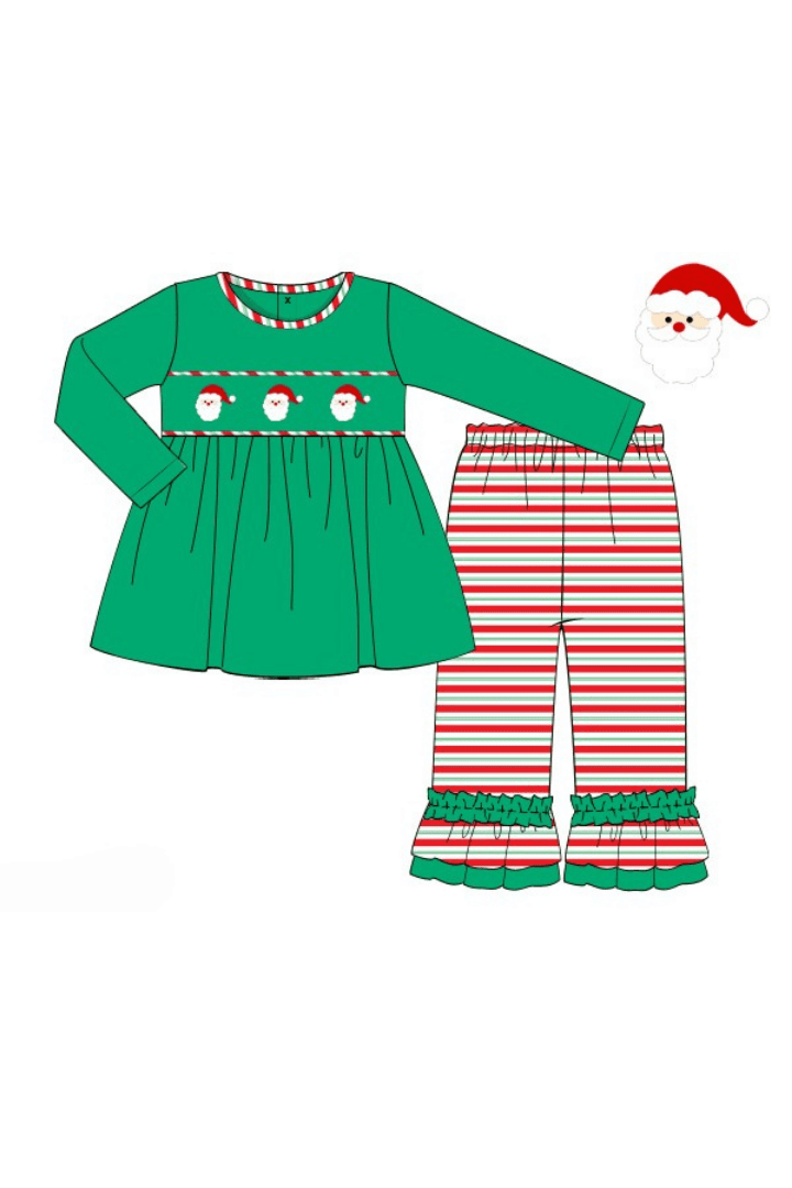 The Smocked Flamingo Apparel & Accessories Pre-Order Smocked Santa Green and Red Stipe Ruffle Pant Set
