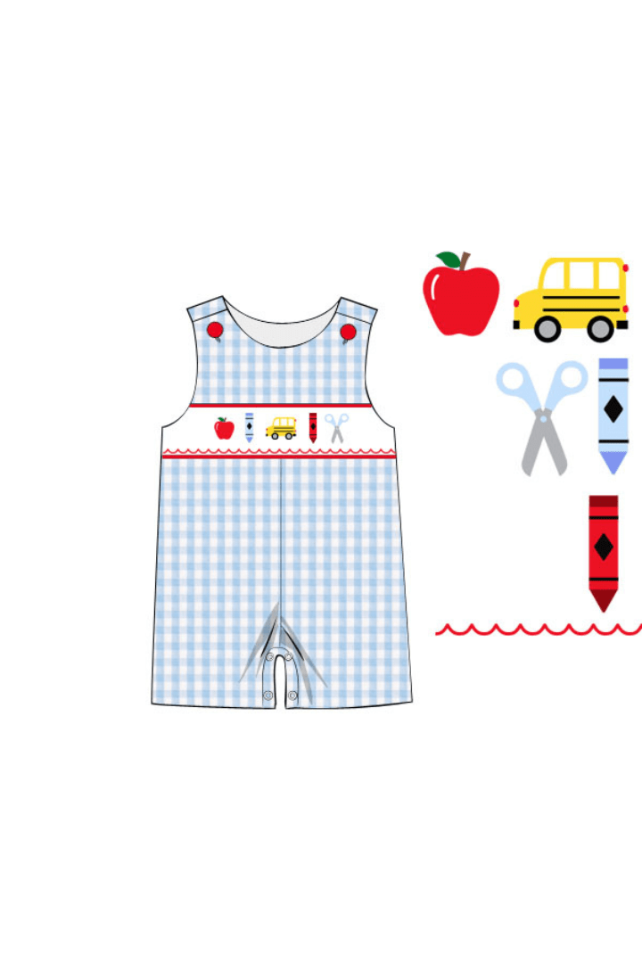 The Smocked Flamingo Apparel & Accessories Pre-Order Smocked School Bus Blue Gingham Seersucker Jon Jon