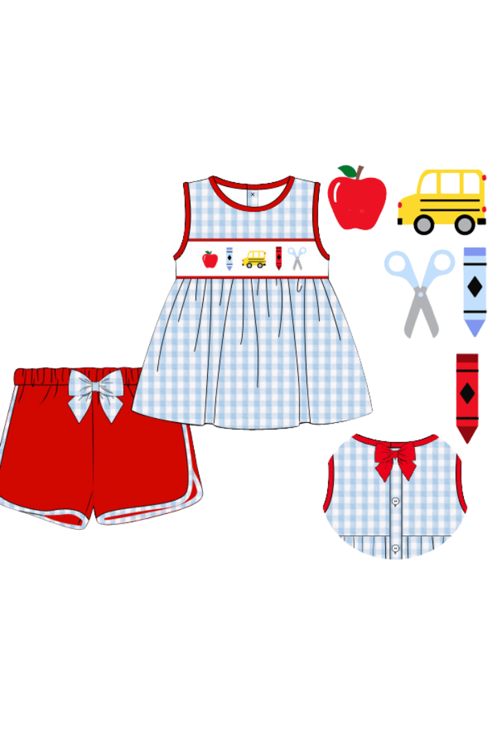 The Smocked Flamingo Apparel & Accessories Pre-Order Smocked School Bus Red/Blue Gingham Seersucker Bow Short Set