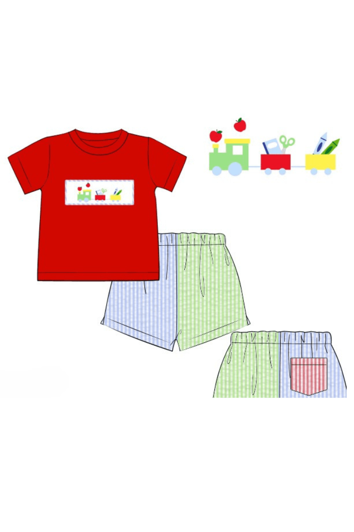 The Smocked Flamingo Apparel & Accessories Pre-Order Smocked School Train Color Block Seersucker Short Set