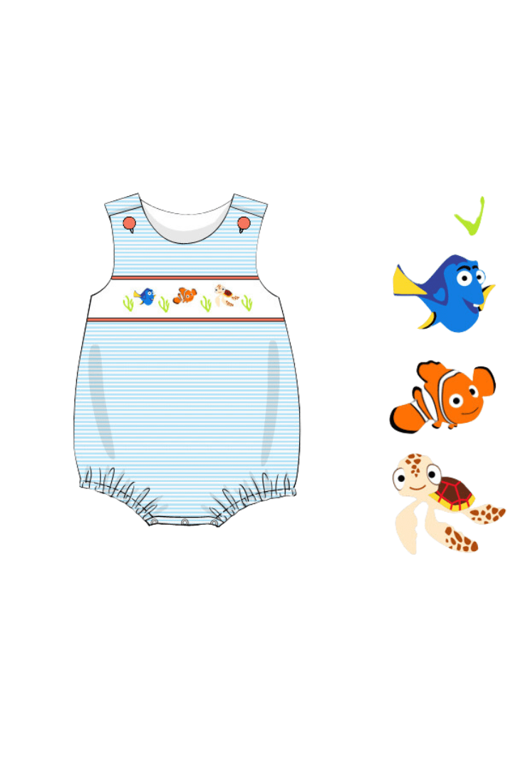The Smocked Flamingo Apparel & Accessories Pre-Order Smocked Sea Friends Blue Stripe Bubble
