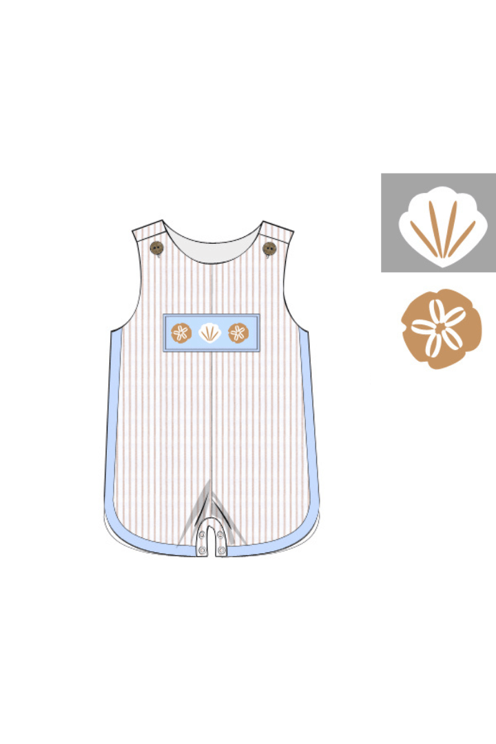 The Smocked Flamingo Apparel & Accessories Pre-Order Smocked Sea Shells Blue/Khaki Stripe Jon Jon