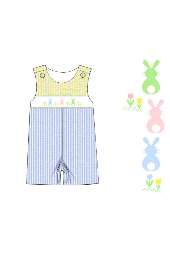The Smocked Flamingo Apparel & Accessories Pre-Order Smocked Seersucker Color Block Bunny Jon Jon