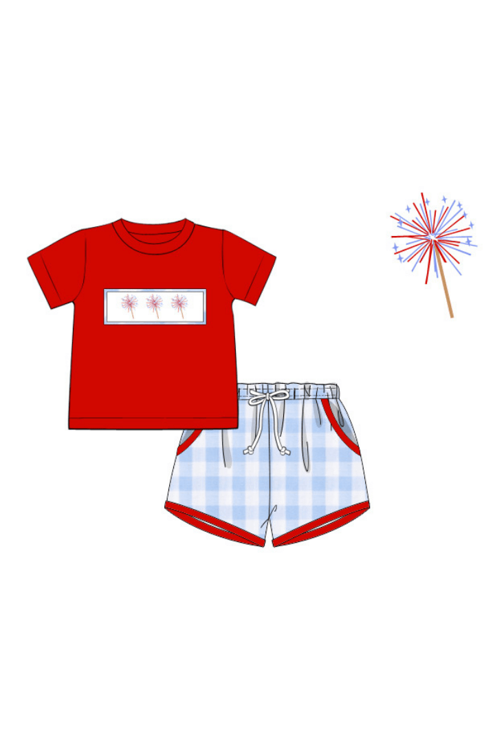 The Smocked Flamingo Apparel & Accessories Pre-Order Smocked Sparkler Red and Blue Gingham Short Set