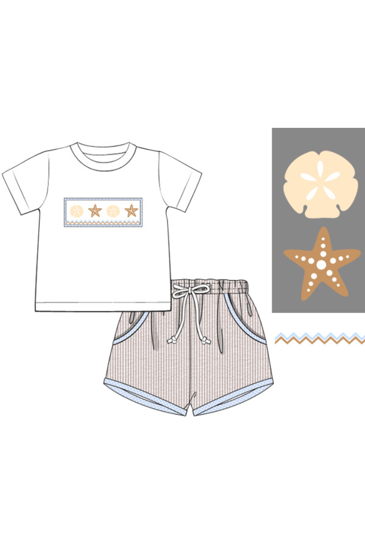The Smocked Flamingo Apparel & Accessories Pre-Order Smocked Starfish Khaki Seersucker Short Set