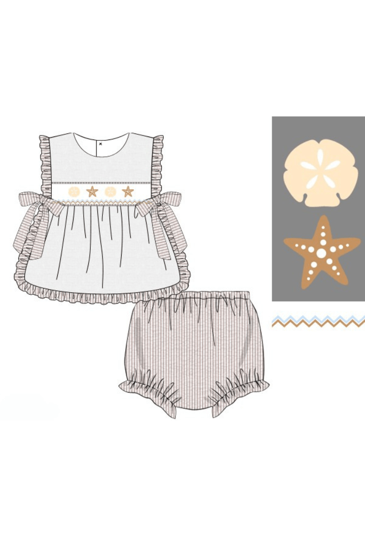 The Smocked Flamingo Apparel & Accessories Pre-Order Smocked Starfish White Swiss Dot/Khaki Seersucker Apron Set