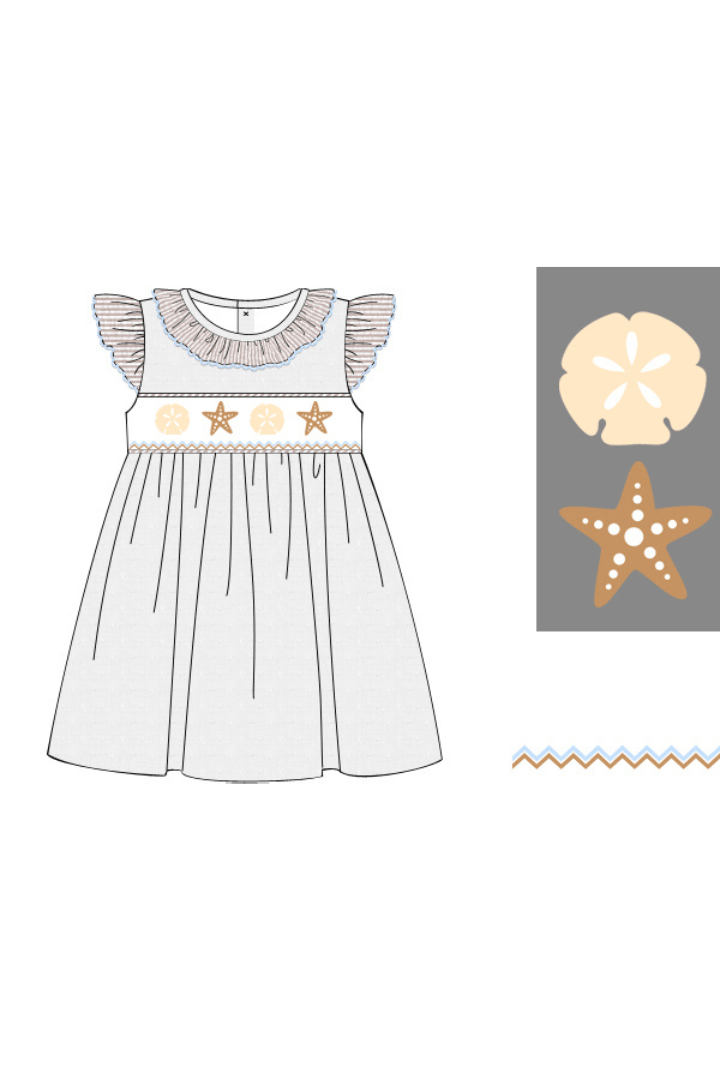 The Smocked Flamingo Apparel & Accessories Pre-Order Smocked Starfish White Swiss Dot Ruffle Dress
