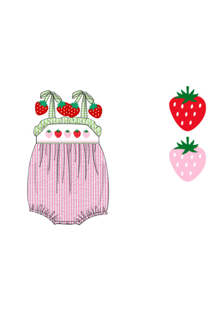 The Smocked Flamingo Apparel & Accessories Pre-Order Smocked Strawberry Pink/Green Seersucker Bubble