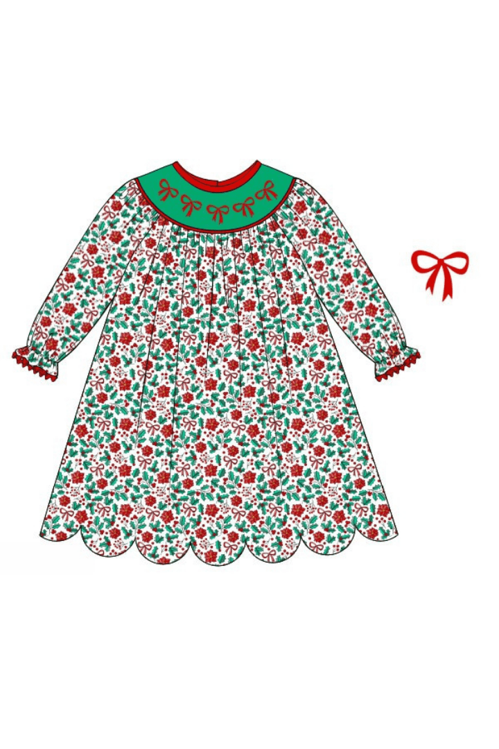 The Smocked Flamingo Apparel & Accessories Pre-Order Smocked Sweet Holly Bow Scalloped Dress