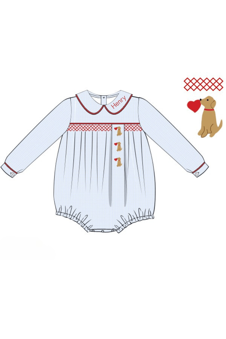 The Smocked Flamingo Apparel & Accessories Pre-Order Smocked Sweet Puppy Love Blue Gingham Bubble