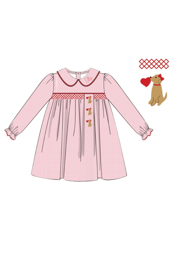 The Smocked Flamingo Apparel & Accessories Pre-Order Smocked Sweet Puppy Love Pink Gingham Dress