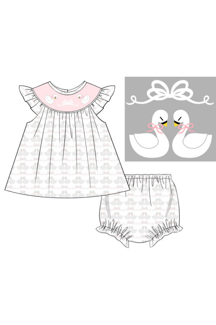 The Smocked Flamingo Apparel & Accessories Pre-Order Smocked Sweet Swan Bishop Bloomer Set