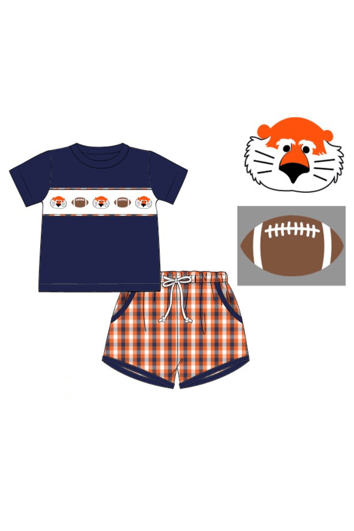 The Smocked Flamingo Apparel & Accessories Pre-Order Smocked Tigers Navy Orange Checkered Short Set