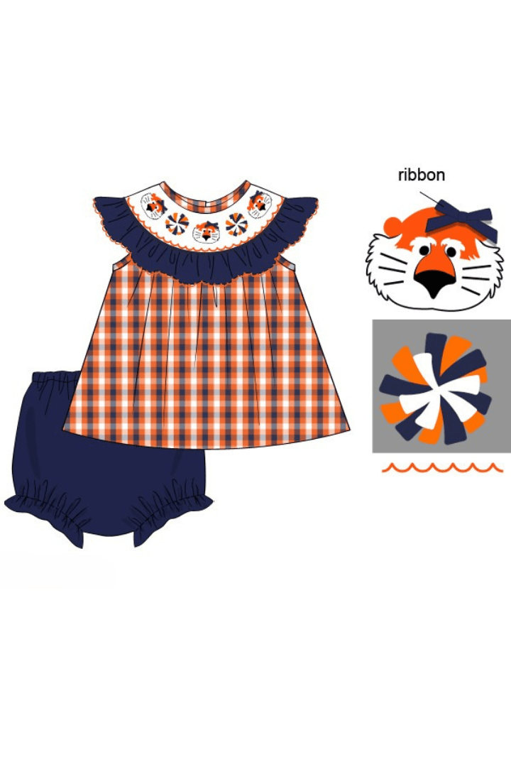The Smocked Flamingo Apparel & Accessories Pre-Order Smocked Tigers Navy Orange Gingham Bloomer Set