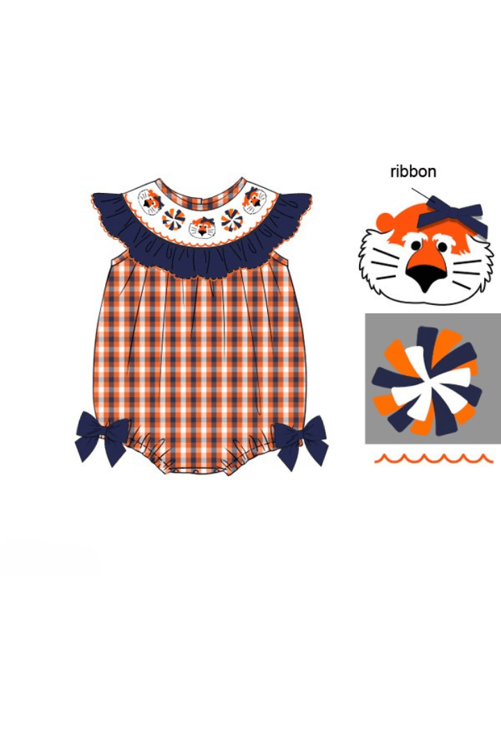 The Smocked Flamingo Apparel & Accessories Pre-Order Smocked Tigers Navy Orange Gingham Bubble
