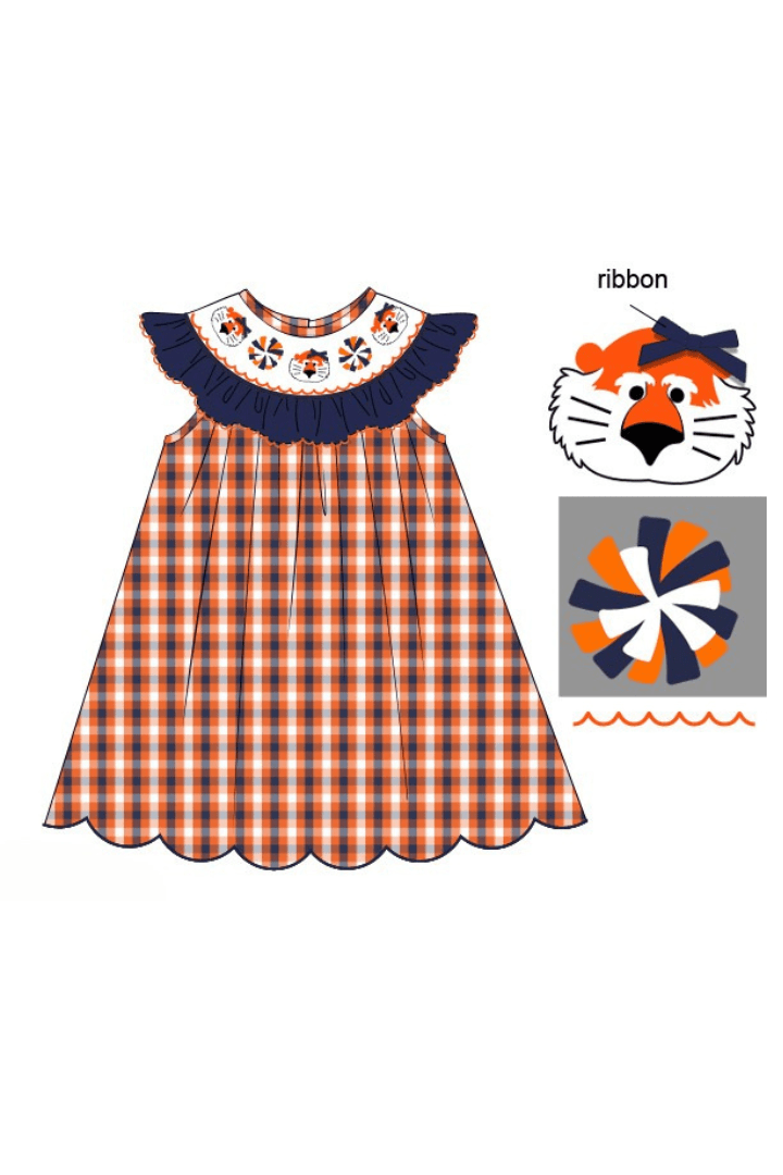 The Smocked Flamingo Apparel & Accessories Pre-Order Smocked Tigers Navy Orange Gingham Dress