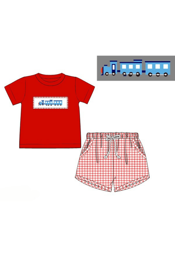 The Smocked Flamingo Apparel & Accessories Pre-Order Smocked Train Red Windowpane Short Set
