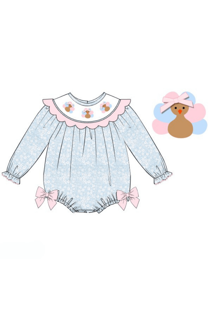The Smocked Flamingo Apparel & Accessories Pre-Order Smocked Turkey Blue Floral Scalloped Bubble