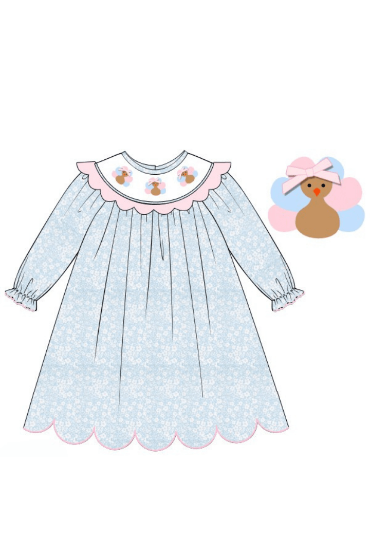The Smocked Flamingo Apparel & Accessories Pre-Order Smocked Turkey Blue Floral Scalloped Dress