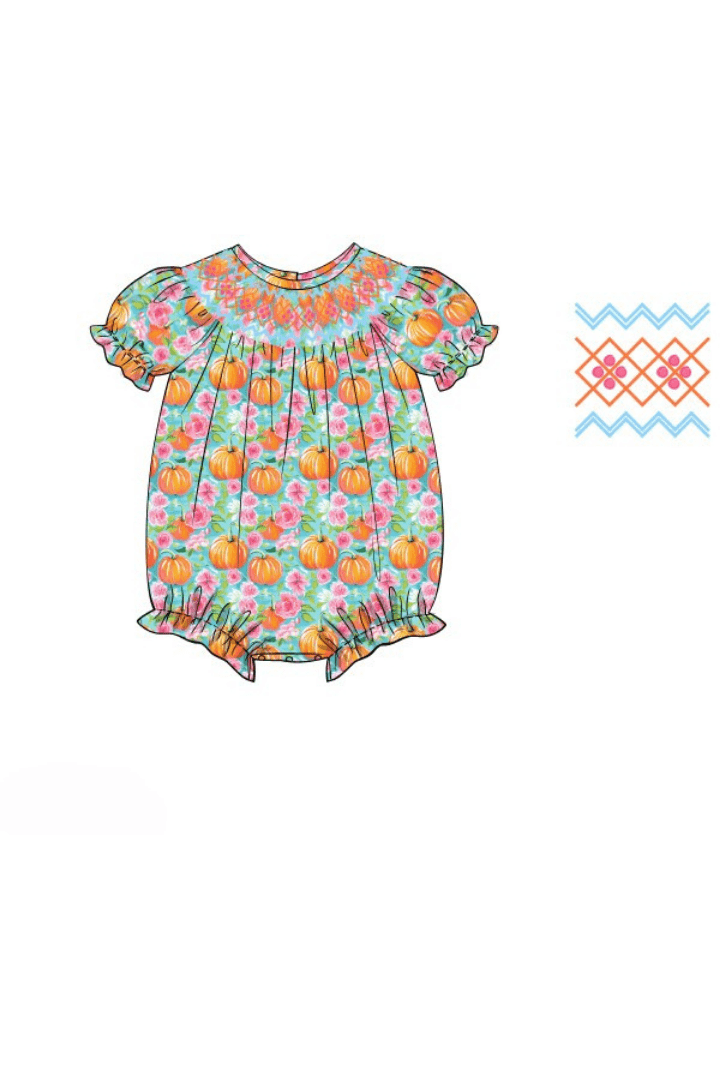 The Smocked Flamingo Apparel & Accessories Pre-Order Smocked Turquoise Heirloom Floral Pumpkin Bubble