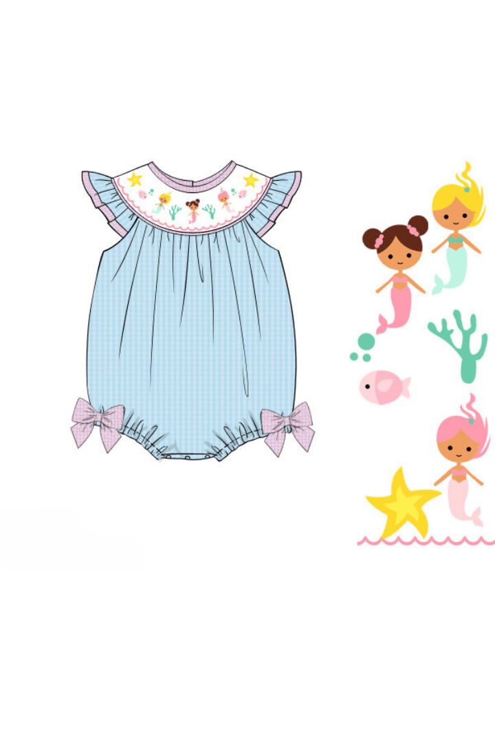 The Smocked Flamingo Apparel & Accessories Pre-Order Smocked Turquoise Seersucker Mermaid Bubble