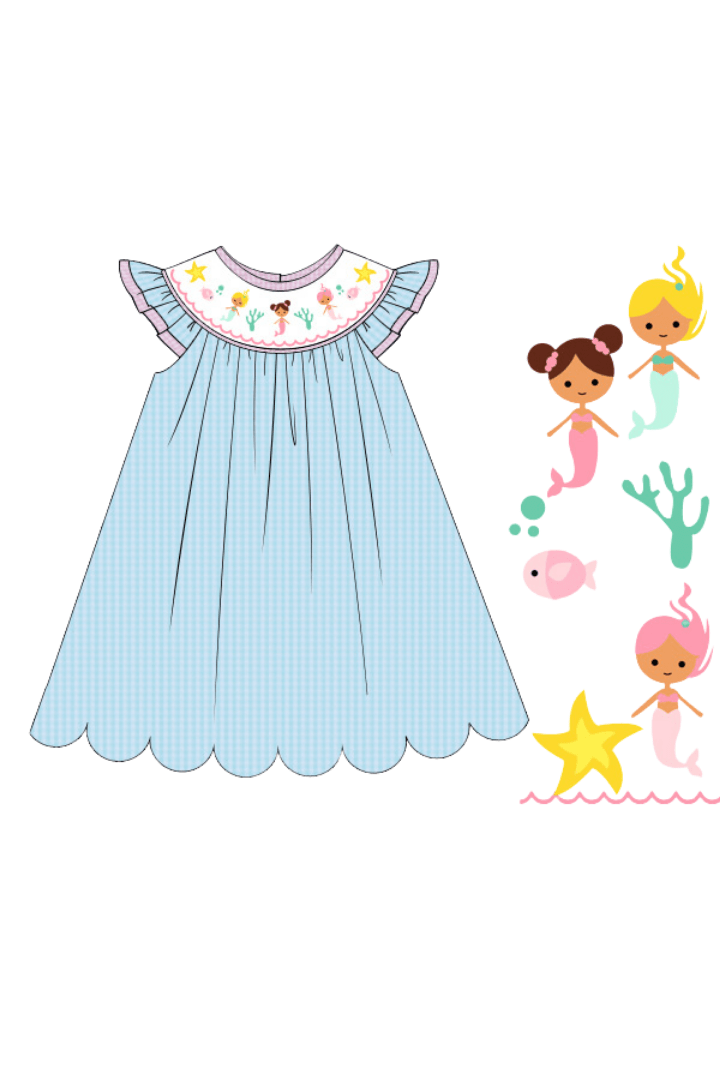 The Smocked Flamingo Apparel & Accessories Pre-Order Smocked Turquoise Seersucker Mermaid Dress