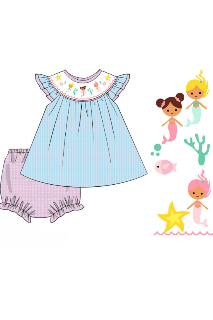 The Smocked Flamingo Apparel & Accessories Pre-Order Smocked Turquoise Seersucker Mermaid Set