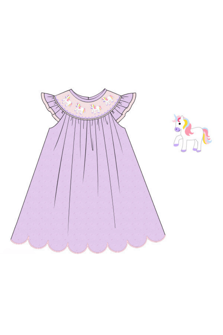 The Smocked Flamingo Apparel & Accessories Pre-Order Smocked Unicorn Lavender Swiss Dot Bishop Dress