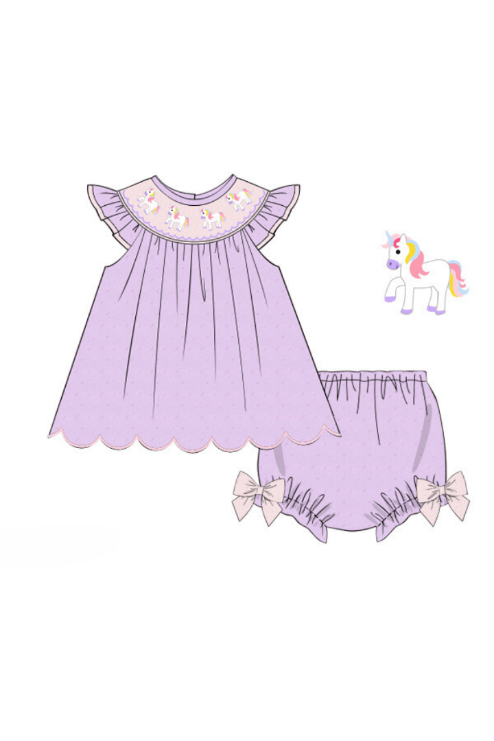 The Smocked Flamingo Apparel & Accessories Pre-Order Smocked Unicorn Lavender Swiss Dot Bloomer Set