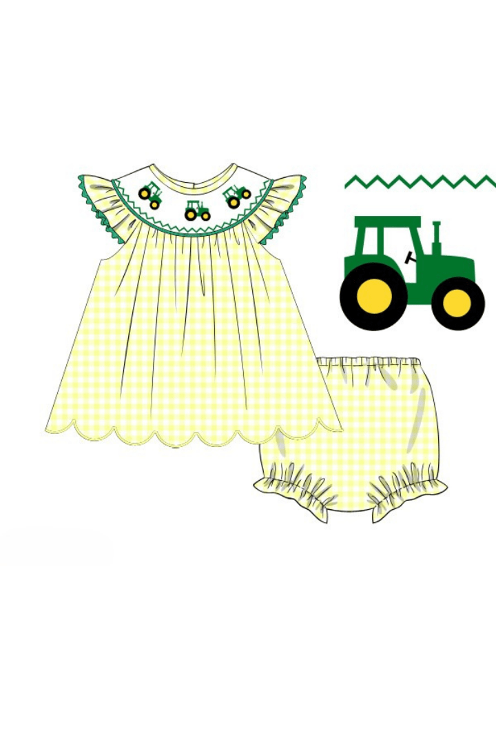 The Smocked Flamingo Apparel & Accessories Pre-Order Smocked Yellow Green Tractor Bloomer Set