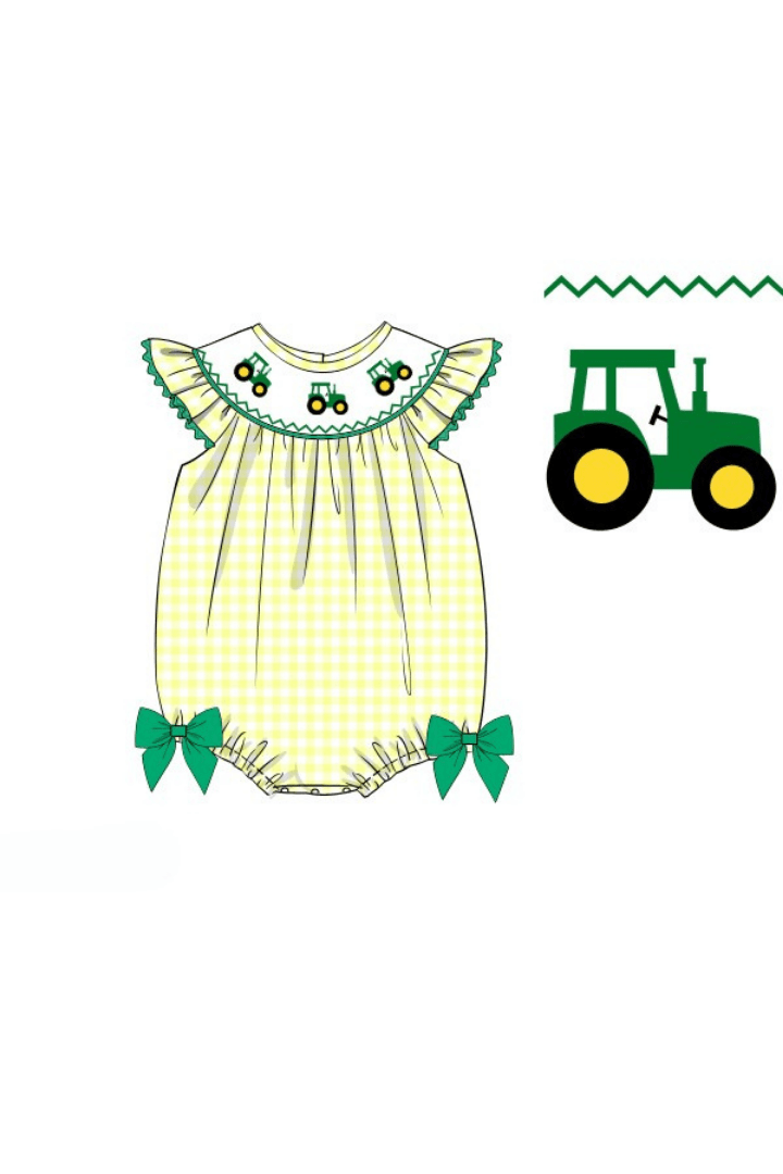The Smocked Flamingo Apparel & Accessories Pre-Order Smocked Yellow Green Tractor Bow Bubble