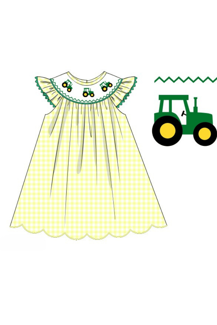 The Smocked Flamingo Apparel & Accessories Pre-Order Smocked Yellow Green Tractor Dress