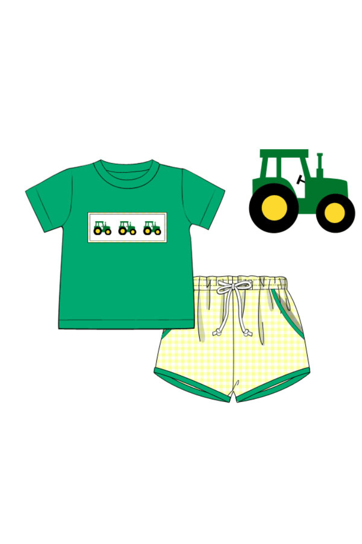 The Smocked Flamingo Apparel & Accessories Pre-Order Smocked Yellow Green Tractor Short Set