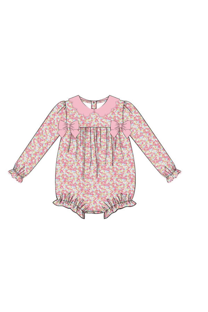 The Smocked Flamingo Apparel & Accessories Pre-Order Spring Floral Pink Velvet Scalloped Bubble