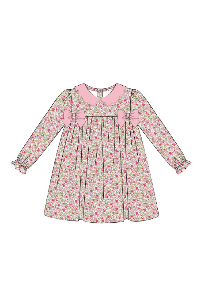 The Smocked Flamingo Apparel & Accessories Pre-Order Spring Floral Pink Velvet Scalloped Dress