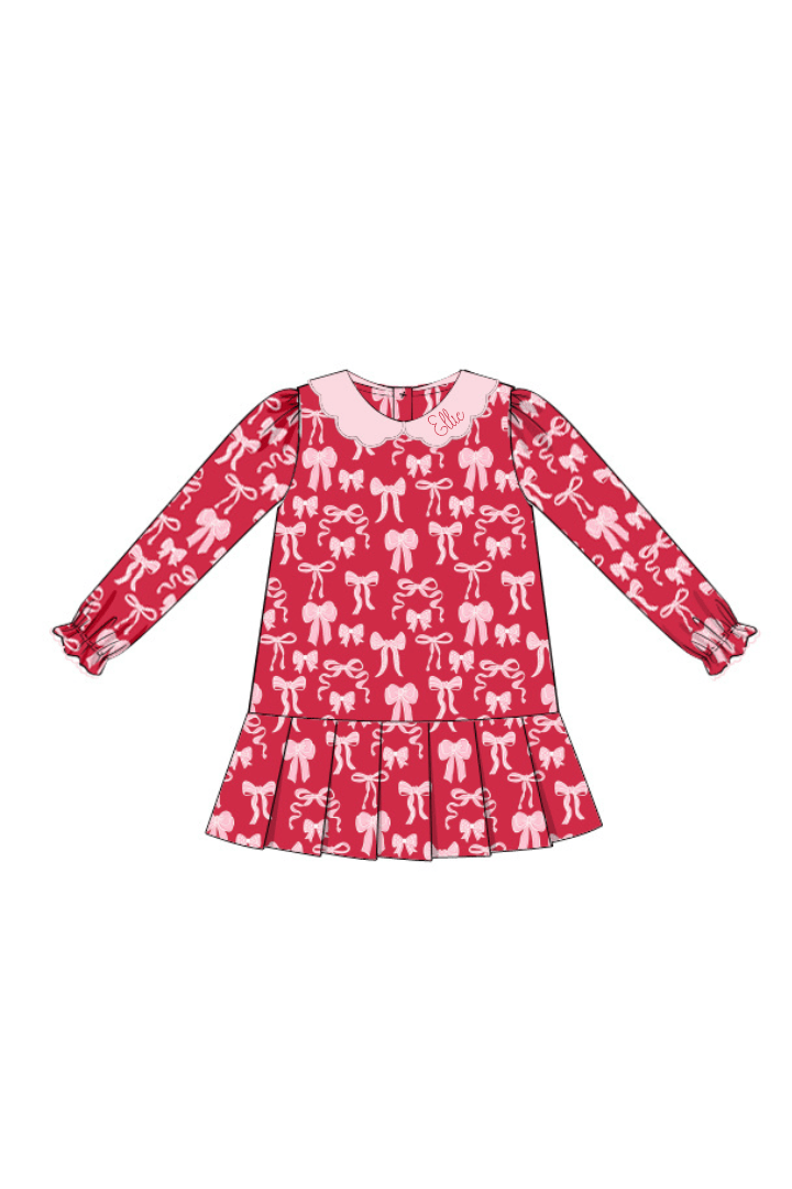 The Smocked Flamingo Apparel & Accessories Pre-Order Sweet Bow Red and Pink Scalloped Dress