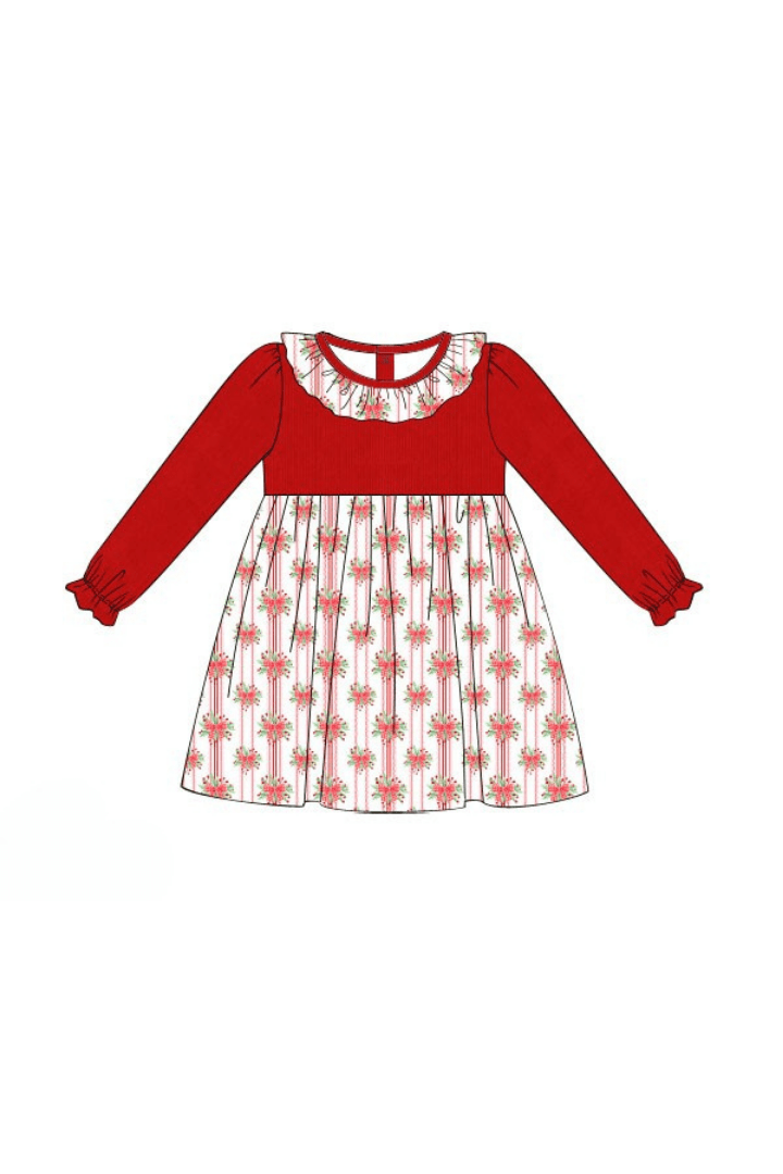 The Smocked Flamingo Apparel & Accessories Pre-Order Sweet Holly Bow Red Corduroy Dress