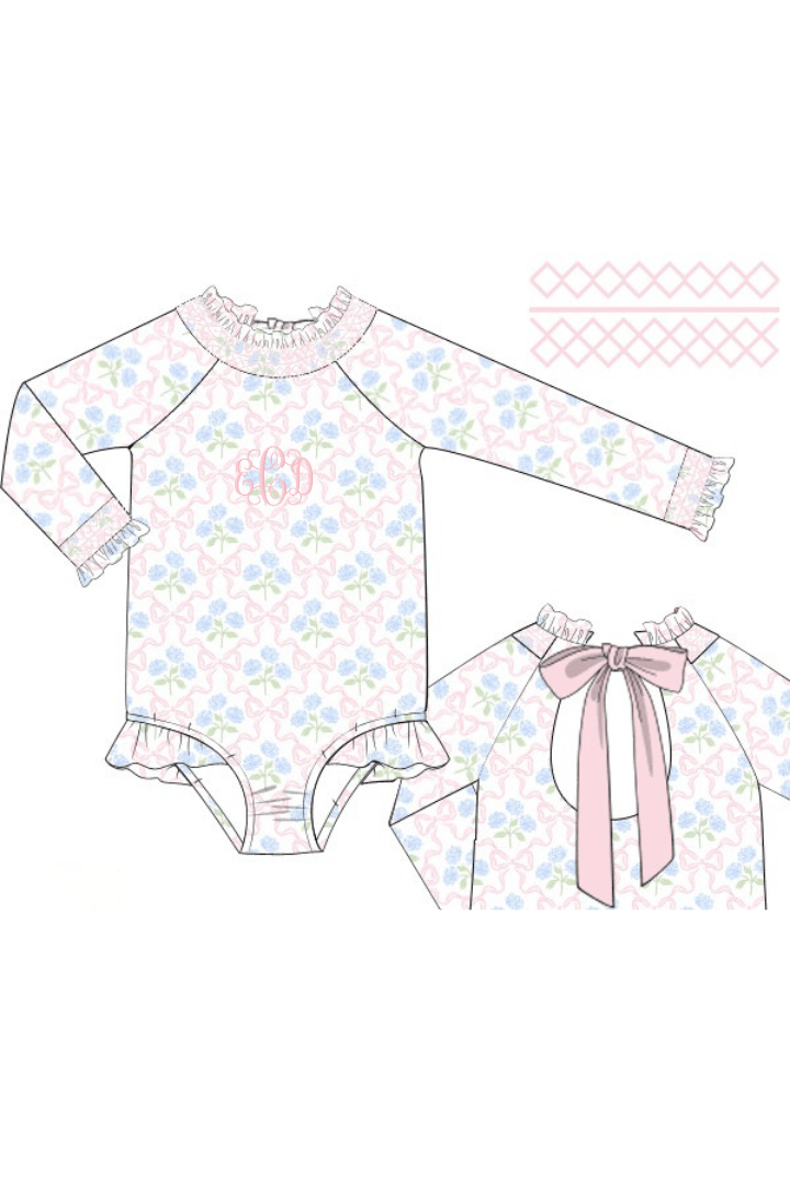 The Smocked Flamingo Apparel & Accessories Pre-Order Sweet Hydrangea Bow Smocked Swimsuit
