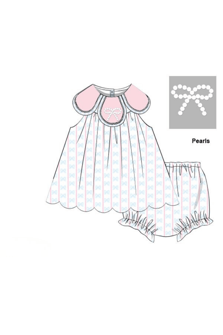 The Smocked Flamingo Apparel & Accessories Pre-Order Sweet Scalloped Pearl Bow Tulip Bloomer Set