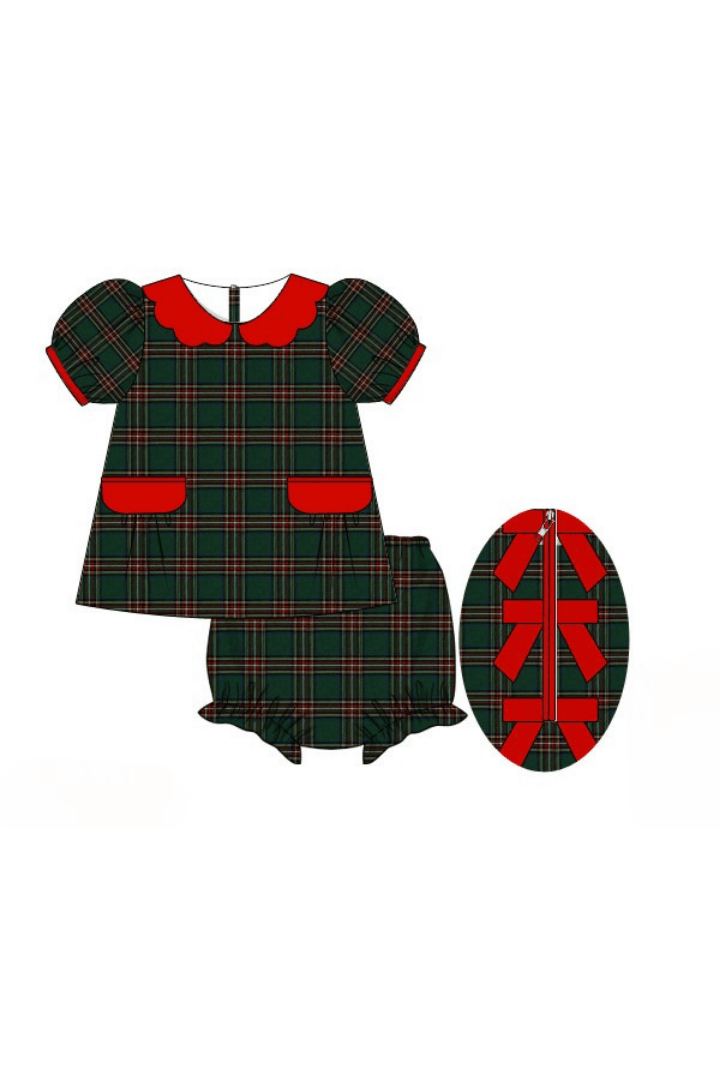 The Smocked Flamingo Apparel & Accessories Pre-Order Tartan Plaid/Red Corduroy Bow Bloomer Set