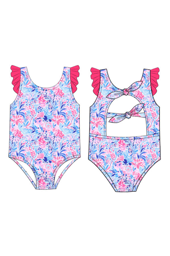 The Smocked Flamingo Apparel & Accessories Pre-Order Tropical Floral Ruffle One Piece Swimsuit