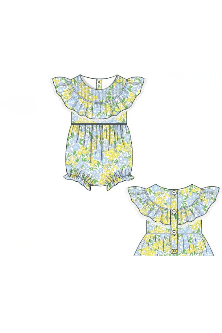 The Smocked Flamingo Apparel & Accessories Pre-Order Yellow and Blue Floral Ruffle Bubble