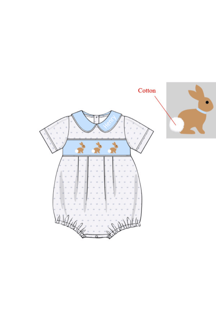 The Smocked Flamingo Apparel & Accessories Pre-Oreder Smocked Blue Swiss Dot Bunny Bubble