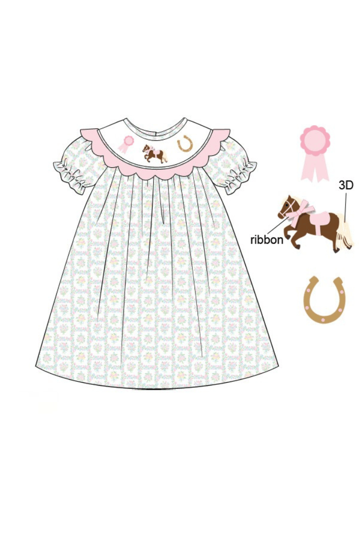 The Smocked Flamingo Apparel & Accessories Pre-Oreder Smocked Winner's Circle Horse Pink Scalloped Dress