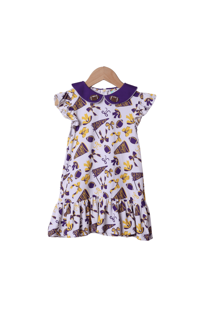 The Smocked Flamingo Apparel & Accessories Purple and Gold French Knot Football Dress
