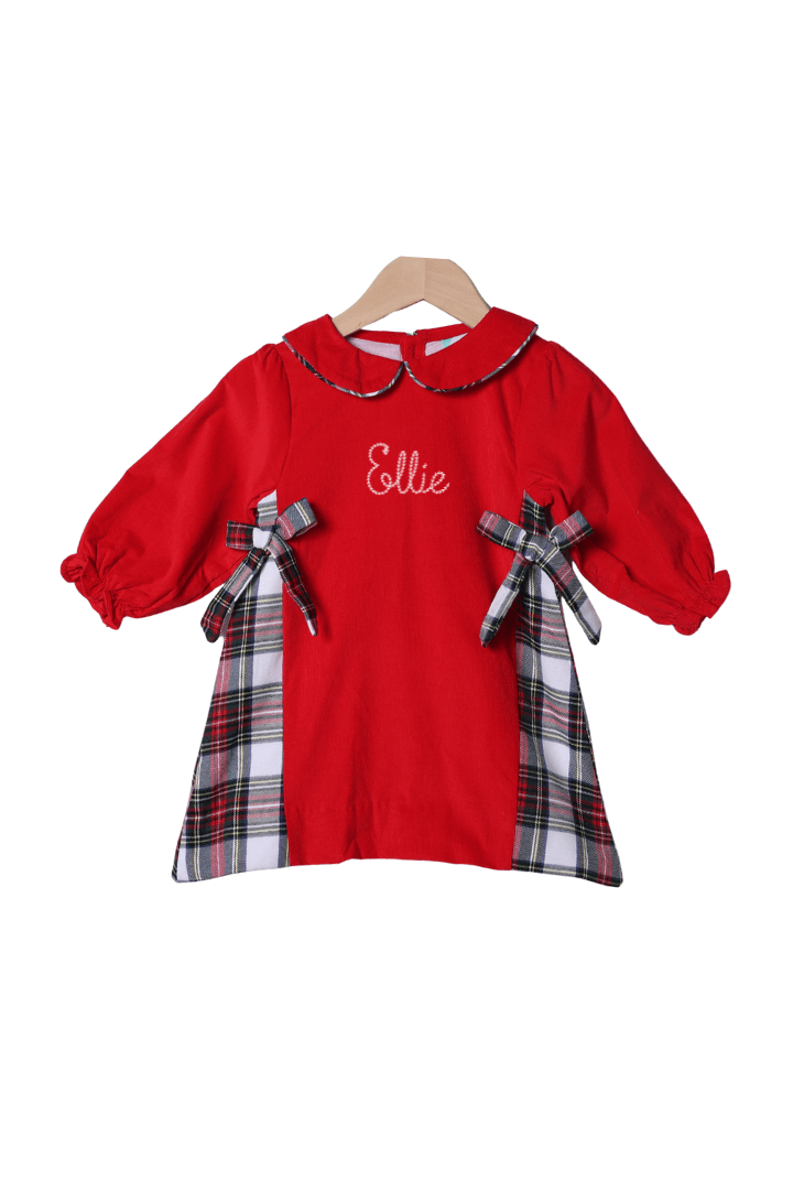 The Smocked Flamingo Apparel & Accessories Red Corduroy Tartan Bow Dress