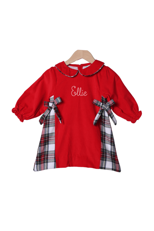 The Smocked Flamingo Apparel & Accessories Red Corduroy Tartan Bow Dress