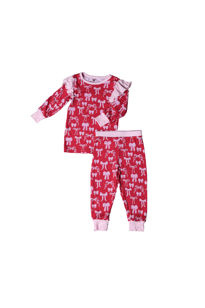 The Smocked Flamingo Apparel & Accessories Red Pink Bow Ruffle Pajamas